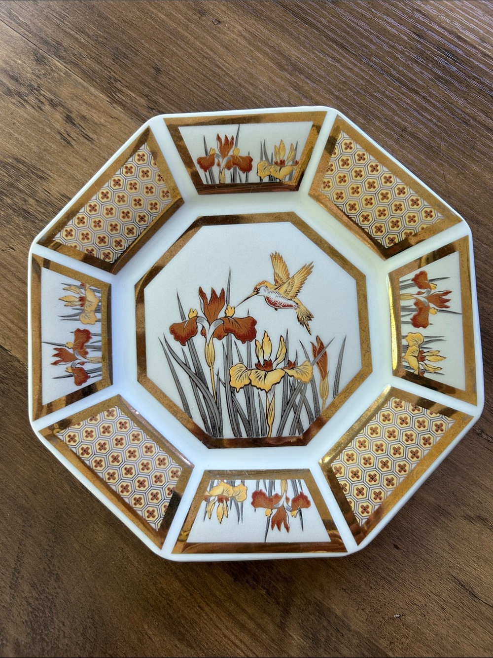 Floral Gold Trim Decorative Plate - Yellow & Brown Iris Motif with Hummingbirds